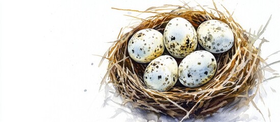 Watercolor depiction of quail eggs nestled in a nest with a white backdrop