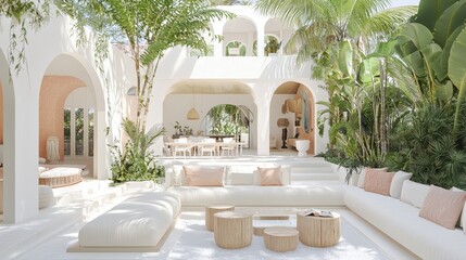 Fototapeta premium Modern Tropical Patio with White Furniture and Lush Greenery