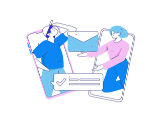 Virtual characters social communication concept business flat vector hand drawn illustration
