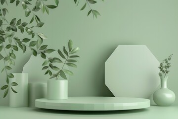 3D render, abstract minimalistic background with hexagon podiums and circular stage in a pastel green color. Mock up for a product presentation. 