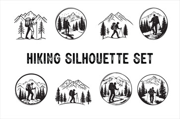 Hiking minimalist and simple silhouette vector Bundle illustration. Hiking Silhouette vector set on white background.