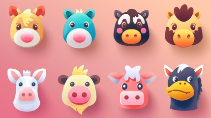 Colorful Animal Faces in Cartoon Style.