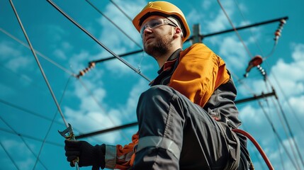 Electrician working on a high-voltage power line