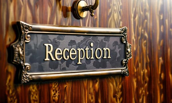 A classic reception sign engraved in black on wood with ornate decor