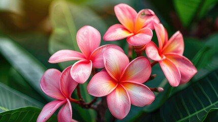 Fototapeta premium Pink Plumeria Blossoms in a Morning Garden