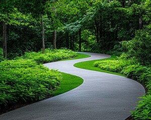 Obraz premium Serene winding path through lush greenery in a tranquil forest setting, perfect for nature lovers and outdoor enthusiasts.