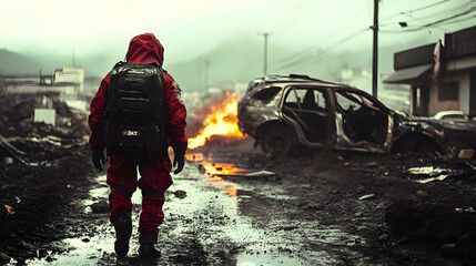 Naklejka premium A lone figure walks through a destroyed urban landscape, past a burning car.