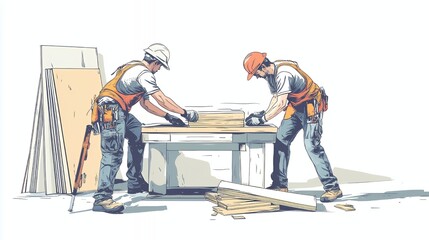 Two workers collaborating on a woodworking project at a table.