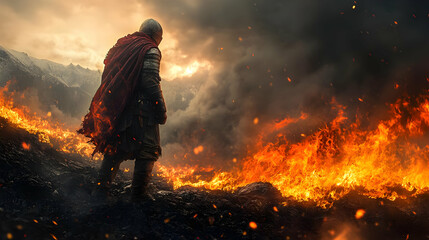Obraz premium A lone knight stands against a fiery backdrop, his red cloak billowing in the wind.