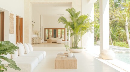 Fototapeta premium Modern Tropical Villa Patio with White Sofa and Palm Tree