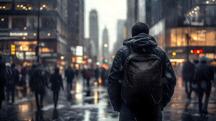 Obraz premium A lone person walks through a rainy city street at night.