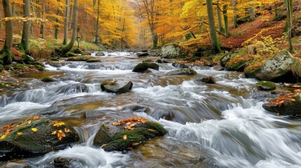 Autumn Creek Flowing Through Mossy Rocks and Fallen Leaves
