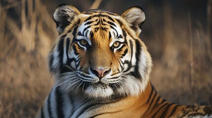 Fototapeta premium Portrait of a Tiger: Majestic and Detailed Close-Up of a Tiger's Face, Highlighting Its Powerful Features and Striking Stripes
