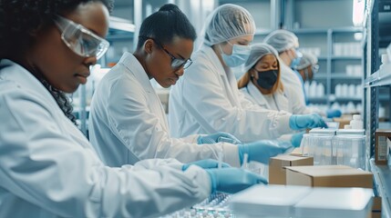 Lab workers in white coats package products in a sterile environment.