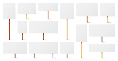 Blank white protest sign with wooden holder. Various realistic vector demonstration banners. Strike action cardboard placard mockup. Social advertisement. Vector illustration
