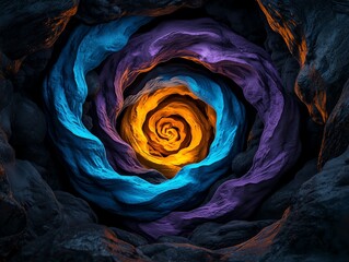 A stunning abstract vortex swirling with vibrant colors of orange, purple, and blue, creating a captivating visual depth.