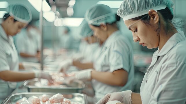 Female worker in a food processing plant, packing meat