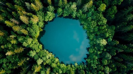 Aerial View of a Circular Lake Surrounded by Lush Green Forest