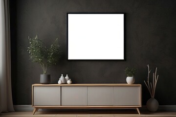 A Modern Home Interior With a Blank Picture Frame and a Cabinet