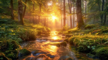 Obraz premium Sunlit Stream Winding Through a Misty Forest