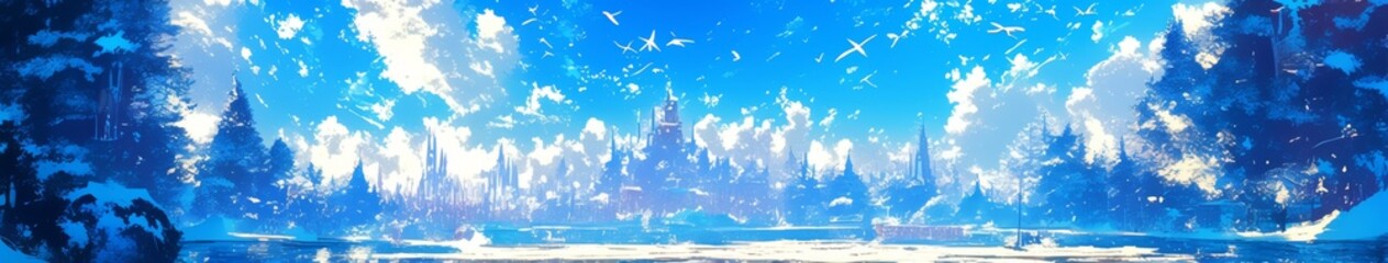 Whimsical Winter Wonderland: Fantasy Anime-Style Winter Cityscapes and Daffodil Landscapes for Seasonal Marketing, Holiday Promotions, and Elegant Web Design Templates with Copy Space