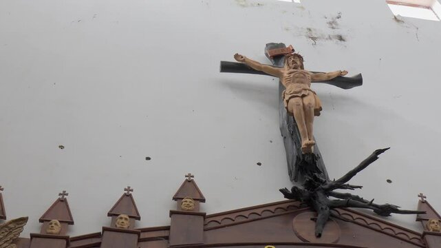 Church interior in Sri Lanka with statues and sculptures

