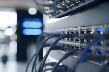 Closeup of a network switch with several internet cables connected, symbolizing the data transfer between devices in an office setting. The focus is on one blue miniature device placed above other gre