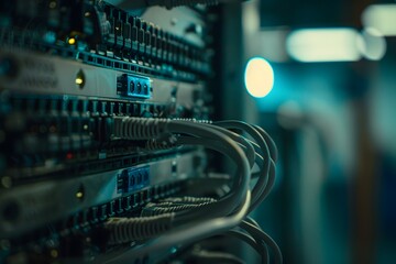 Closeup of a network switch with several internet cables connected, symbolizing the data transfer between devices in an office setting. The focus is on one blue miniature device placed above other gre