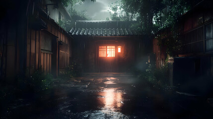 A narrow, rainy alleyway leading to a lit doorway in a traditional Japanese building.