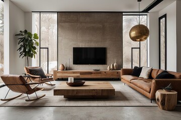 Fototapeta premium Modern Living Room with Leather Sofa, Wooden Furniture, and a Large Window