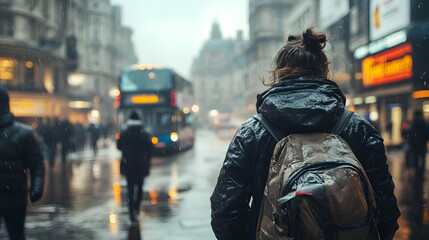 Fototapeta premium A person walks through a rainy city street with a backpack.