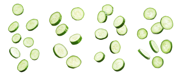 Set of falling cucumber slice isolated on white background, full depth of field