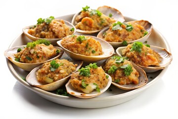 A plate of baked clams oreganata, a classic Italian-American dish, featuring fresh clams, a flavorful breadcrumb topping, and a generous sprinkle of parsley. The dish is perfect for a light and delici