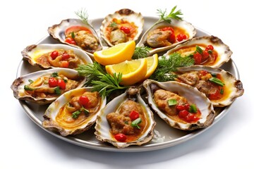 A platter of grilled oysters on a white background. The oysters are topped with a savory sauce and garnished with herbs and lemon slices. This image would be ideal for a food blog, cookbook, or restau
