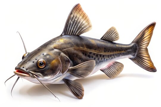 recommend clip art: A realistic illustration of a catfish, with detailed scales and fins, isolated on a white background. The catfish is depicted in a swimming position with its mouth open, showcasing its sharp teeth.