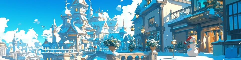Enchanting Vector Winter Cityscape: Minimalist Line Art Illustration of Snowy Buildings and Streets. Magical Anime-Style Fantasy Landscape for Festive Marketing, Holiday Promotions, and Cultural Adver
