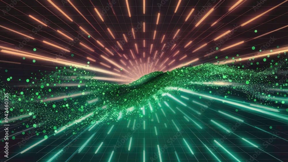  abstract background with digital green particle dots creating a wave effect, featuring a retro grid 
