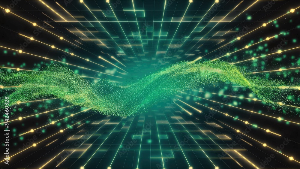 Poster abstract background with digital green particle dots creating a wave effect, featuring a retro grid 