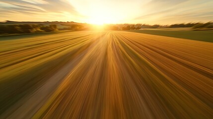 Vertical Motion Warp Effect: Countryside Farmland Scene at Dawn, Displaying a Radial Blur with Horizon Stretch and Hyperspeed Zoom. Captured in Ultra-Detailed 4K Quality with Professional Motion Blur 