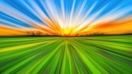 Obraz premium Vertical Motion Warp Effect: Countryside Farmland Scene at Dawn, Displaying a Radial Blur with Horizon Stretch and Hyperspeed Zoom. Captured in Ultra-Detailed 4K Quality with Professional Motion Blur 