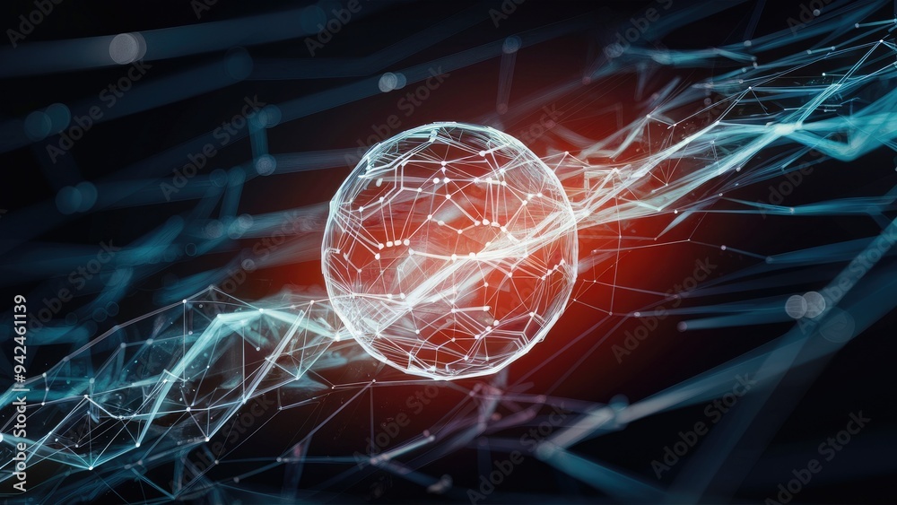 Poster abstract data technology background featuring interconnected dots and lines on a dark backdrop. 3d r