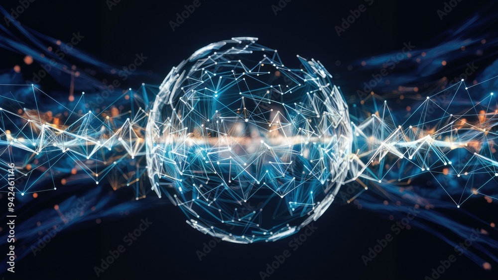 Poster abstract data technology background featuring interconnected dots and lines on a dark backdrop. 3d r