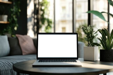 Workspace with white screen laptop mockup and copy space on table with blurred living room background with generative ai