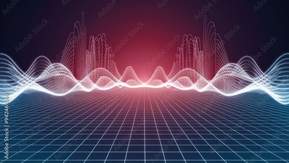 Poster  Abstract digital image featuring dynamic sound waves over a grid pattern. Visual representation of movement and rhythm.