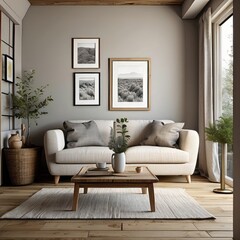 Modern Living Room with White Sofa, Wooden Coffee Table, and Natural Decor