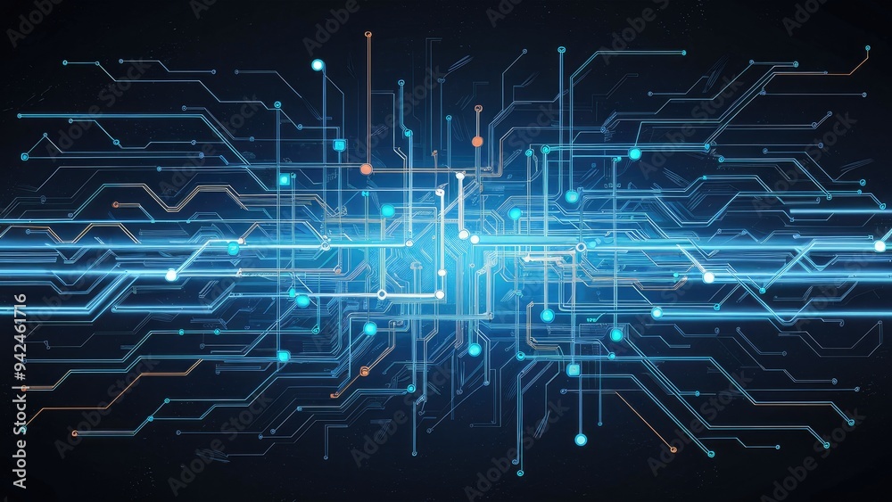 Poster abstract digital visualization of interconnected blue lines and dots on a dark background. big data 