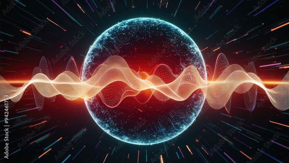 Poster abstract digital wave circle with fiery visuals on dark background. data visualization concept. sphe