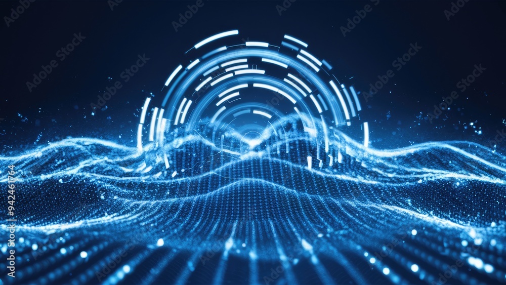 Poster  Abstract digital wave of particles on a futuristic white background. Big data visualization concept in 3D rendering.