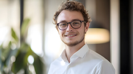 Fototapeta premium minimalist male portrait, handsome man wearing glasses smiling gently