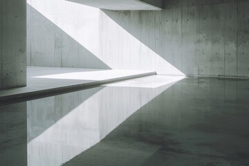 Fototapeta premium Serene Concrete Architecture with Reflective Water and Modern Light Play